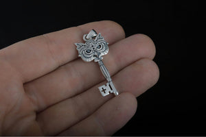 Key Pendant with Owl Sterling Silver Handmade Jewelry - vikingworkshop