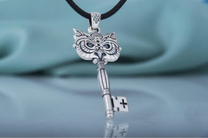 Key Pendant with Owl Sterling Silver Handmade Jewelry - vikingworkshop