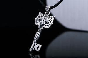 Key Pendant with Owl Sterling Silver Handmade Jewelry - vikingworkshop