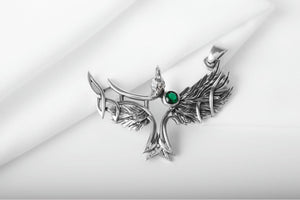 925 Silver Raven pendant with green gem and Celtic knots, Unique Viking Jewelry - vikingworkshop