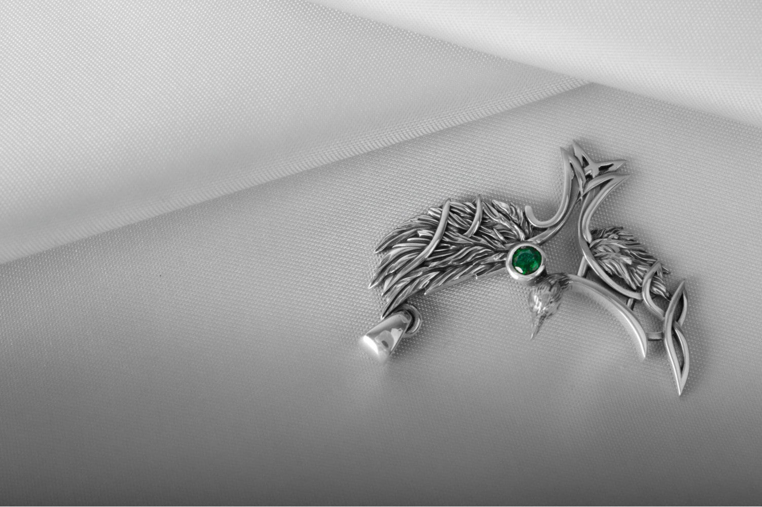 925 Silver Raven pendant with green gem and Celtic knots, Unique Viking Jewelry - vikingworkshop