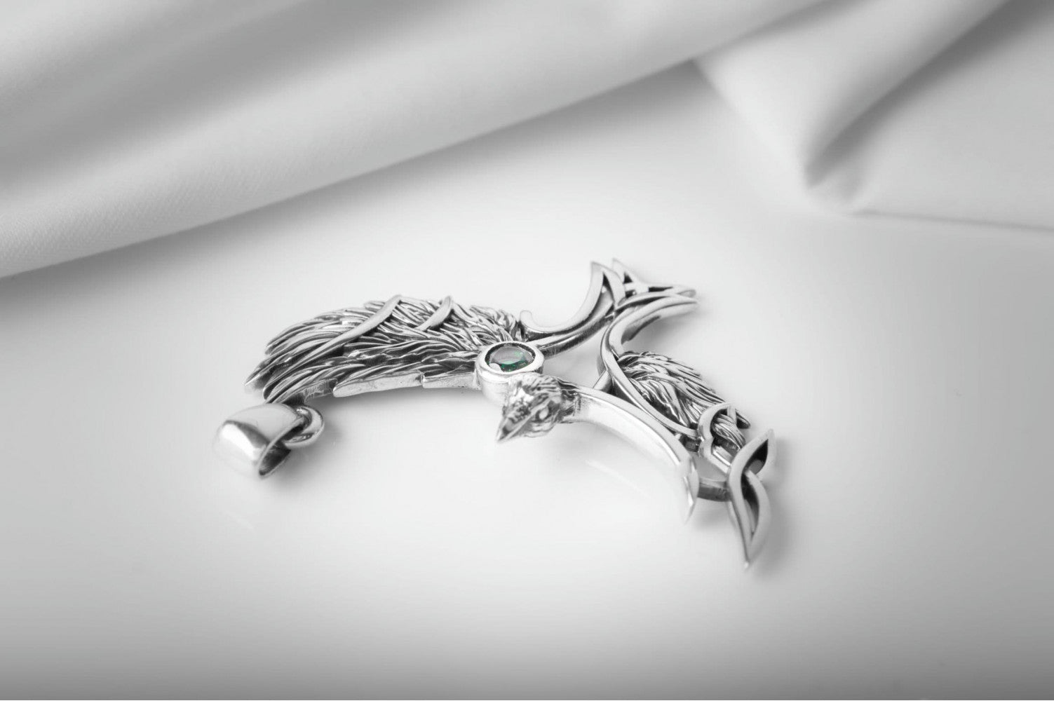 925 Silver Raven pendant with green gem and Celtic knots, Unique Viking Jewelry - vikingworkshop