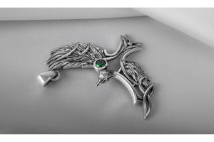 925 Silver Raven pendant with green gem and Celtic knots, Unique Viking Jewelry - vikingworkshop