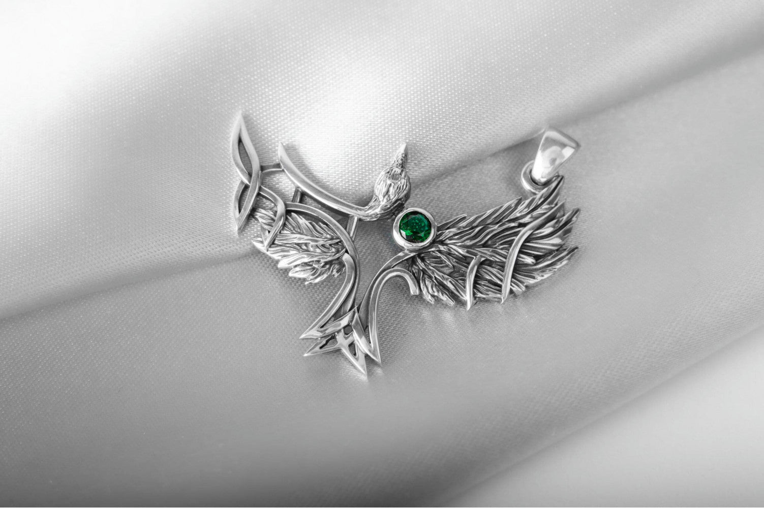 925 Silver Raven pendant with green gem and Celtic knots, Unique Viking Jewelry - vikingworkshop