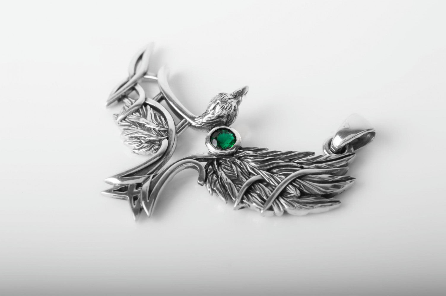 925 Silver Raven pendant with green gem and Celtic knots, Unique Viking Jewelry - vikingworkshop