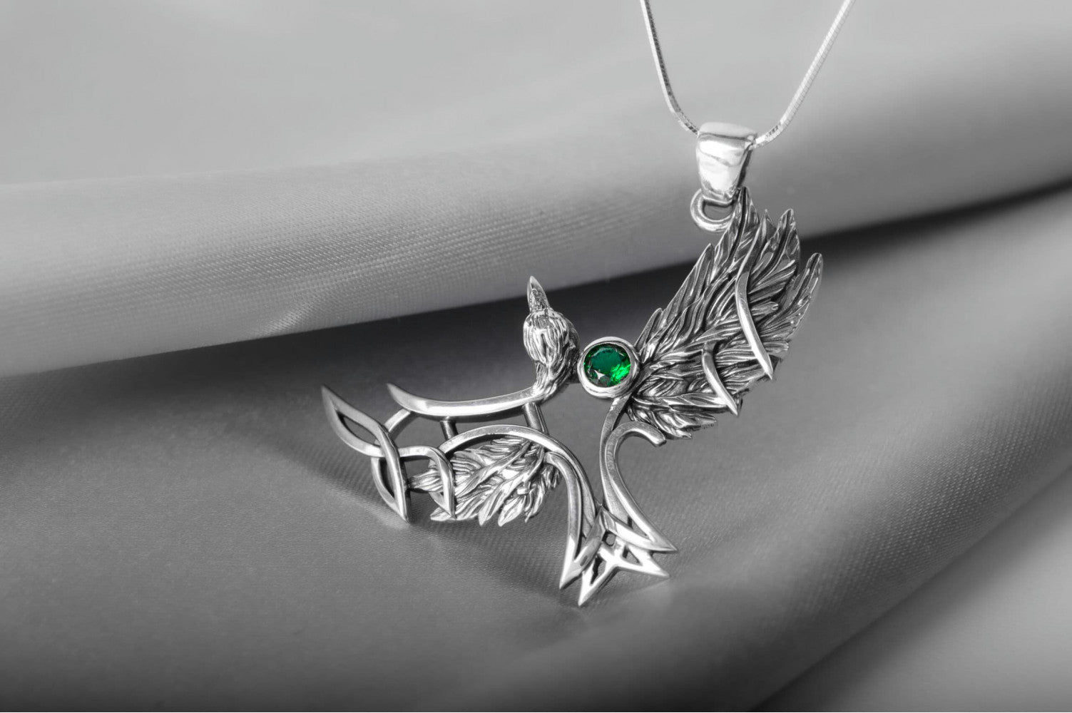 925 Silver Raven pendant with green gem and Celtic knots, Unique Viking Jewelry - vikingworkshop