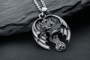 Dragon on Cross Pendant 925 Silver - vikingworkshop