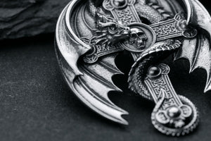 Dragon on Cross Pendant 925 Silver - vikingworkshop