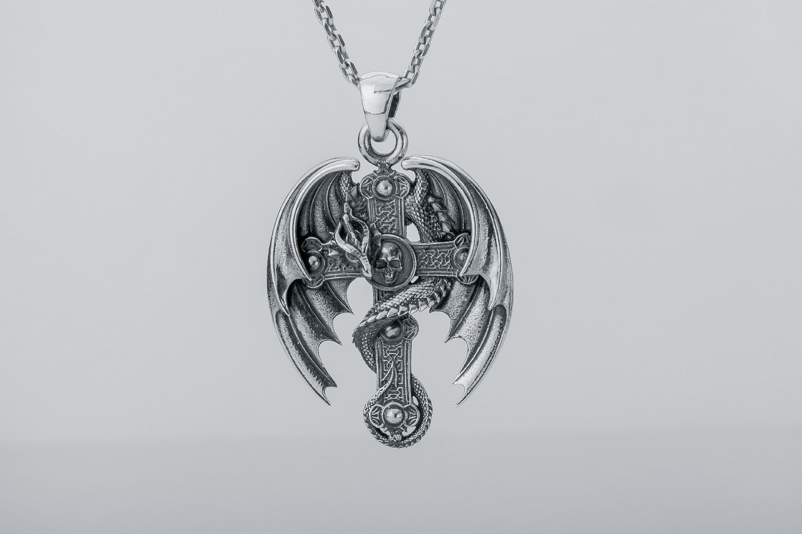 Dragon on Cross Pendant 925 Silver - vikingworkshop