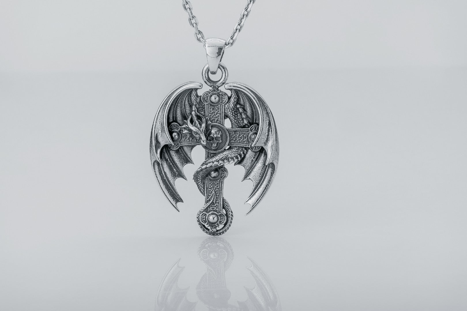 Dragon on Cross Pendant 925 Silver - vikingworkshop