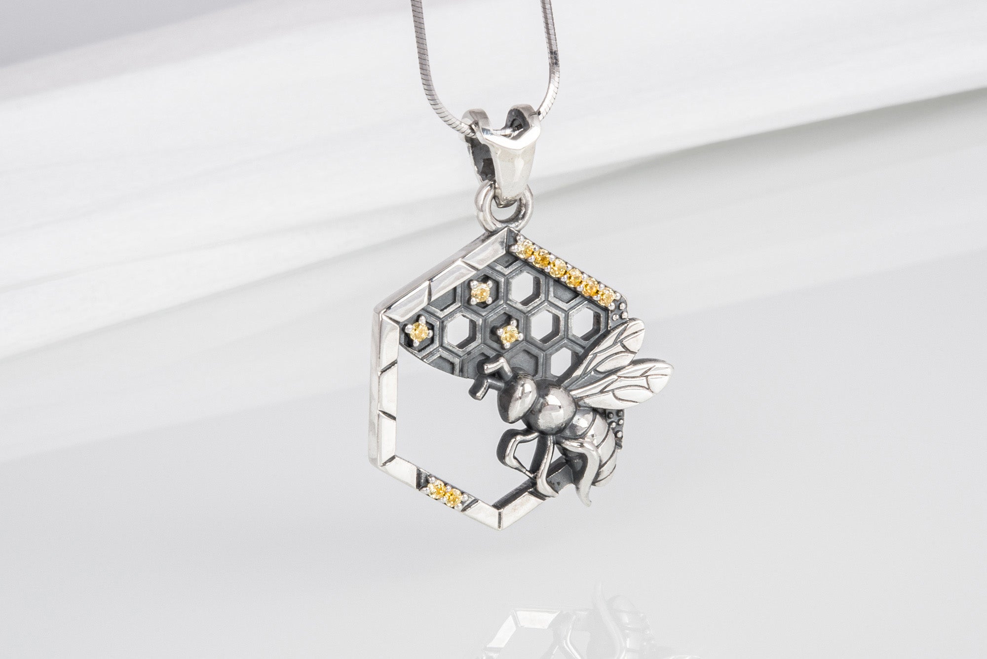 Stylish Fashion Bee with Honey pendant, unique handcrafted sterling silver jewelry with gems - vikingworkshop