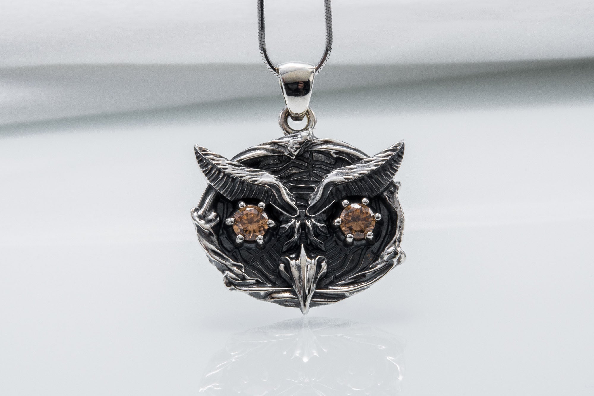 Owl Minimalistic 925 Silver Pendant With Amber Gem, Handcrafted Jewelry - vikingworkshop