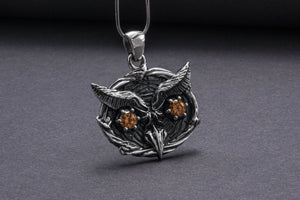 Owl Minimalistic 925 Silver Pendant With Amber Gem, Handcrafted Jewelry - vikingworkshop