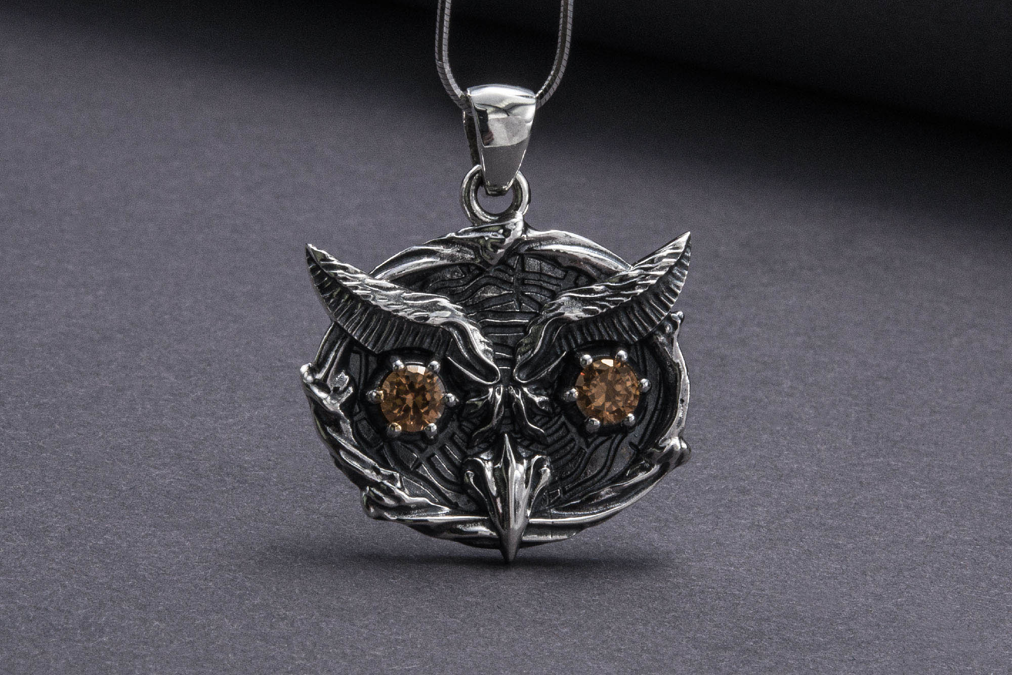 Owl Minimalistic 925 Silver Pendant With Amber Gem, Handcrafted Jewelry - vikingworkshop