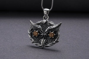 Owl Minimalistic 925 Silver Pendant With Amber Gem, Handcrafted Jewelry - vikingworkshop