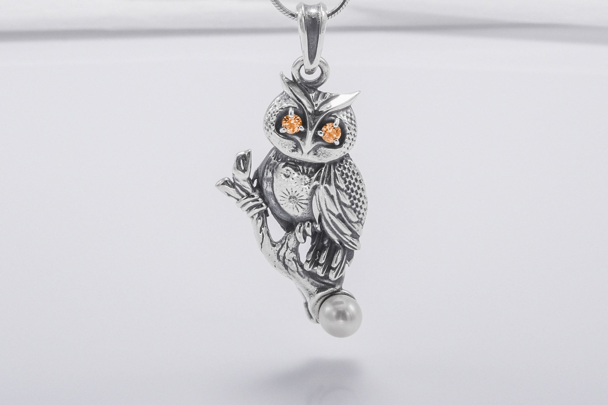 Owl 925 Silver Pendant With Amber Gems And Pearl, Handcrafted Jewelry - vikingworkshop