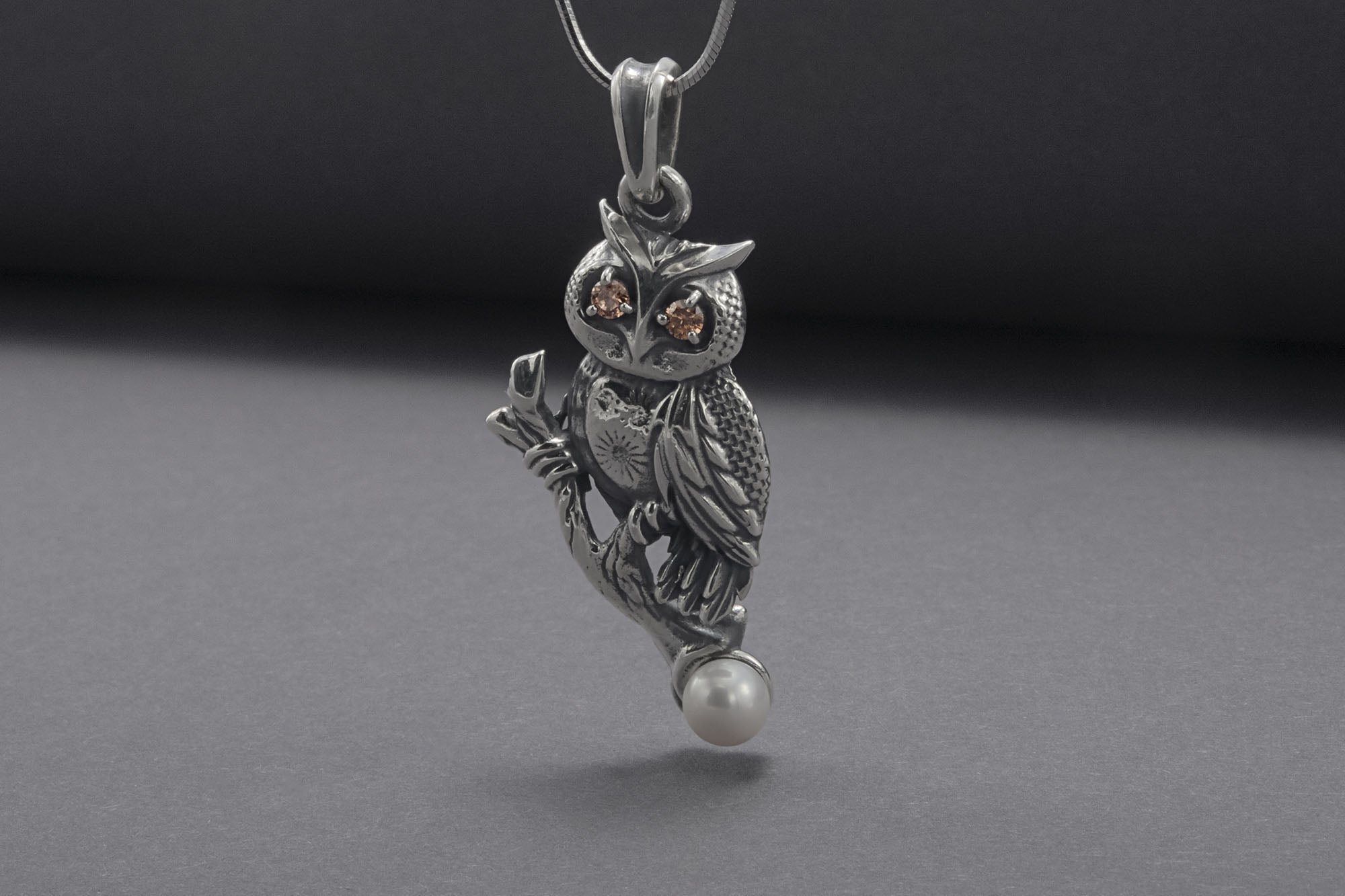 Owl 925 Silver Pendant With Amber Gems And Pearl, Handcrafted Jewelry - vikingworkshop