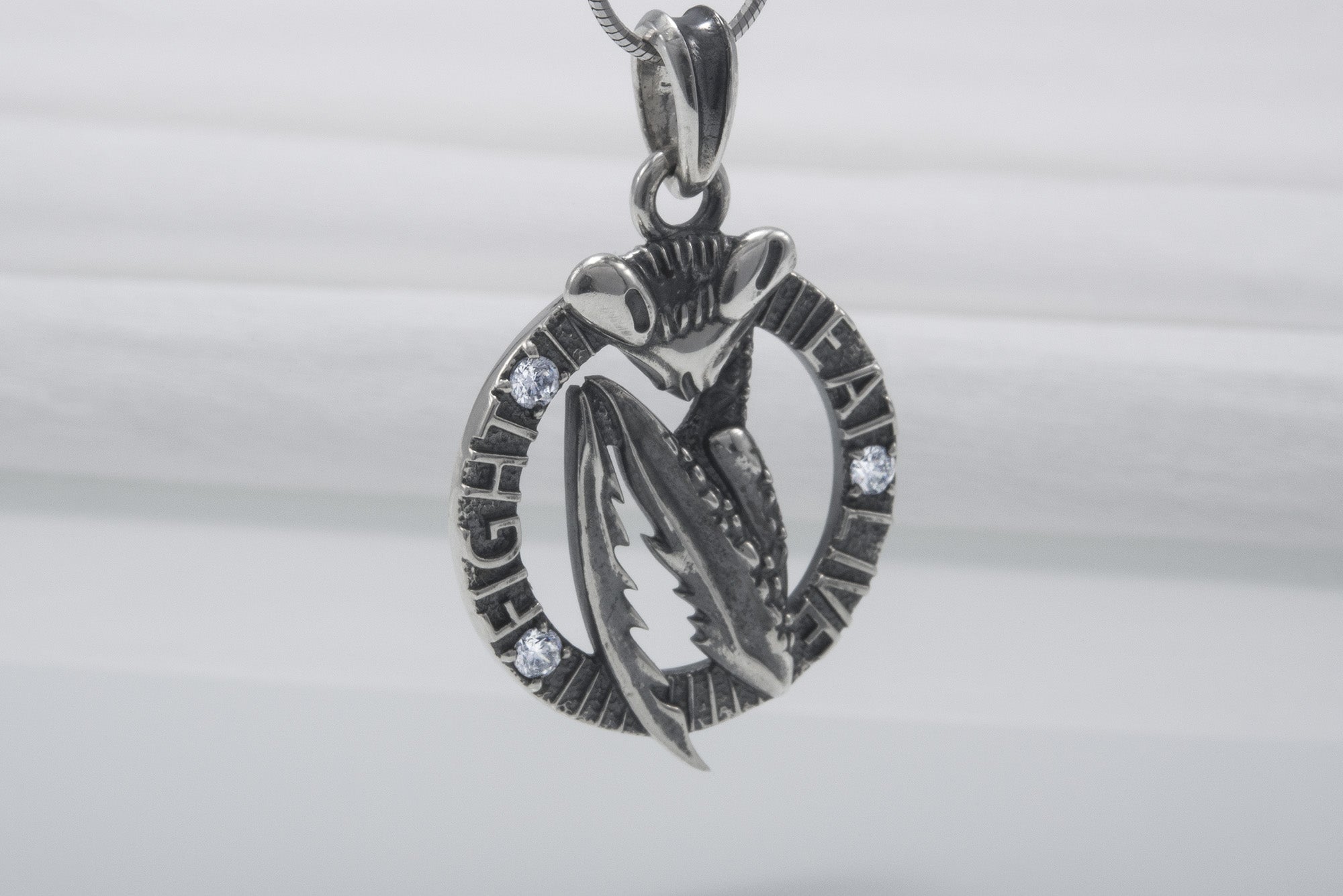 Dark Mantis Sterling Silver Round Pendant With Gems, Handmade Jewelry - vikingworkshop