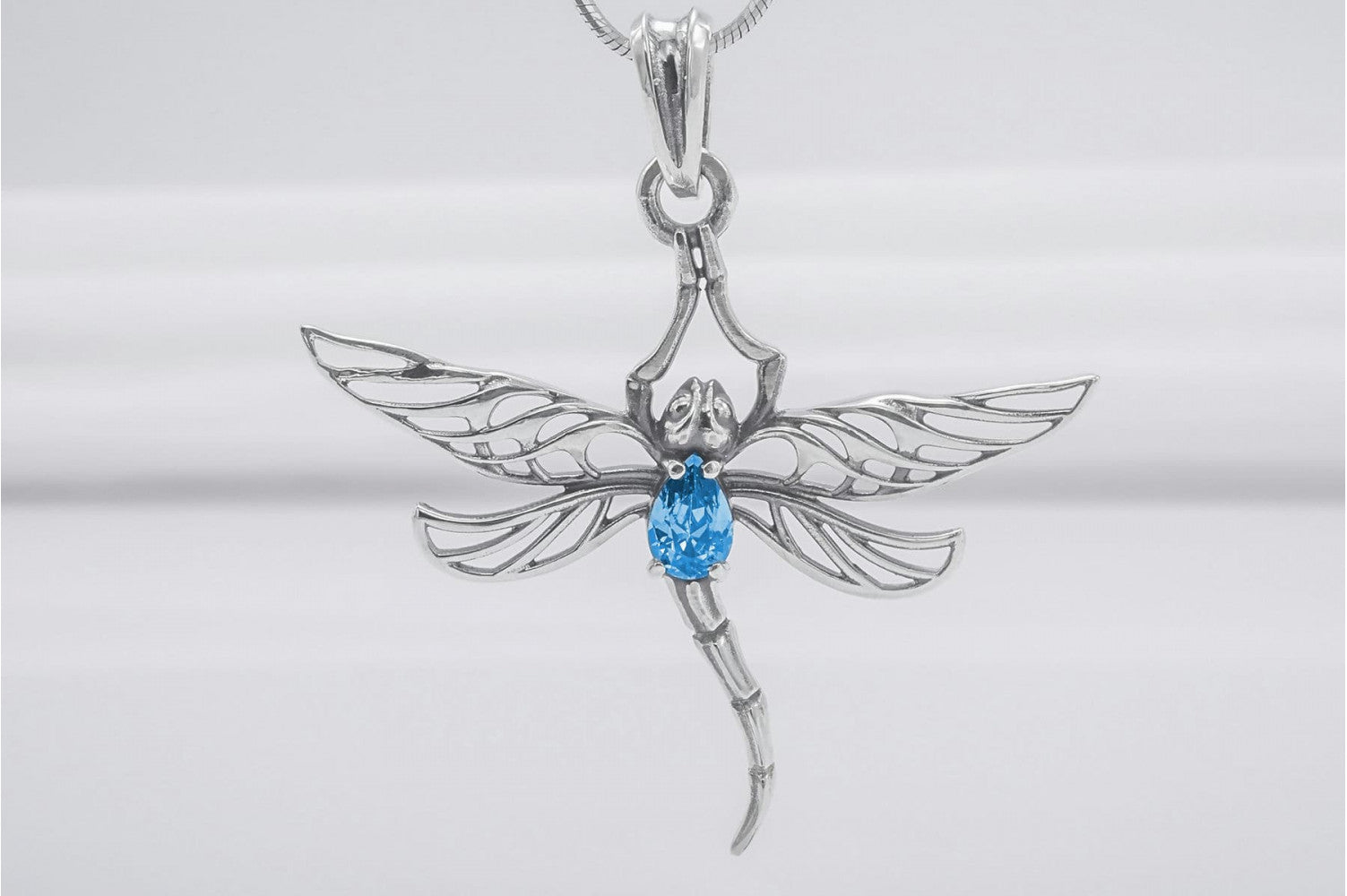 Minimalistic 925 Silver Dragonfly Pendant With Blue Gem, Handcrafted Jewelry - vikingworkshop