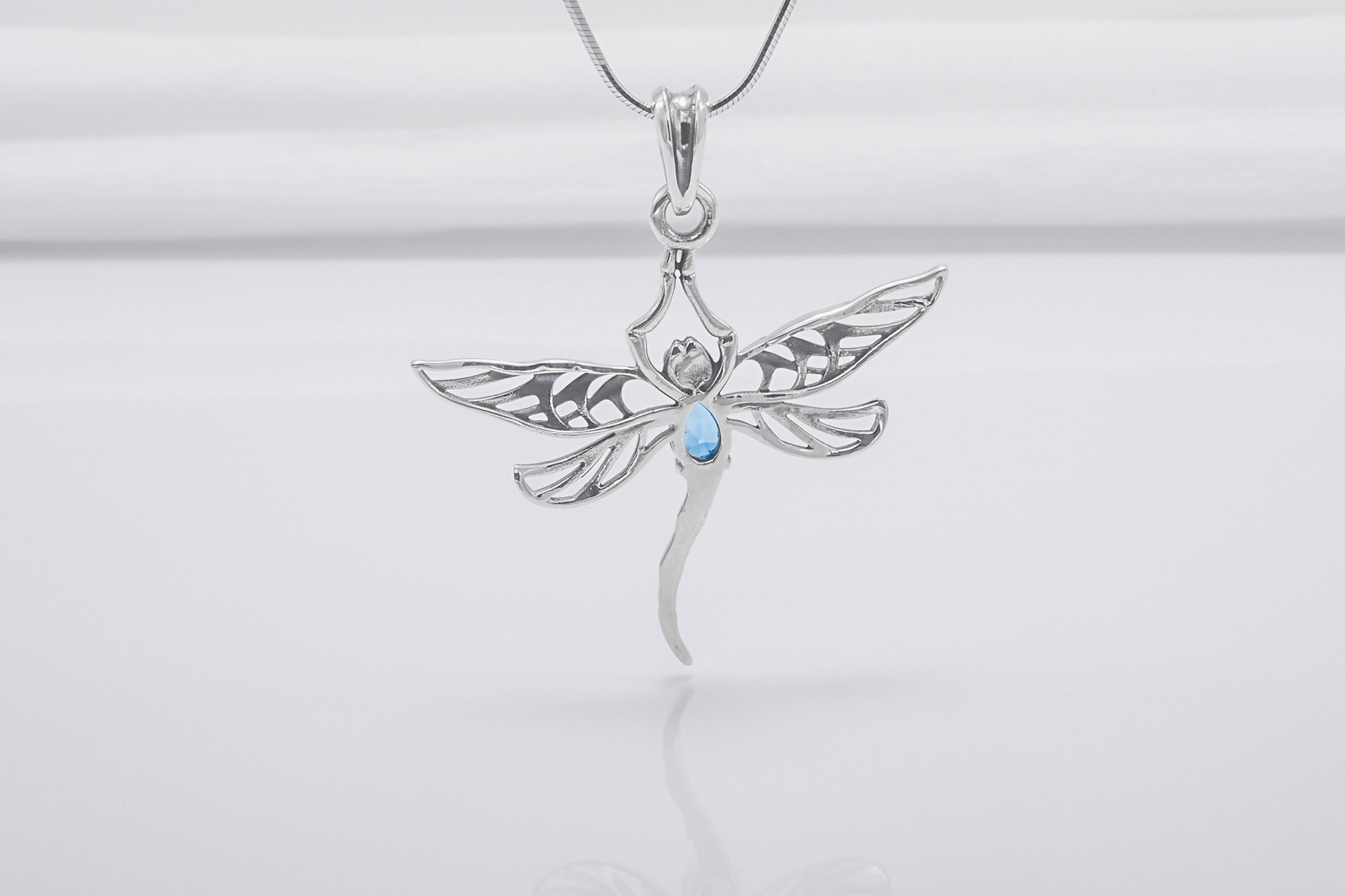 Minimalistic 925 Silver Dragonfly Pendant With Blue Gem, Handcrafted Jewelry - vikingworkshop