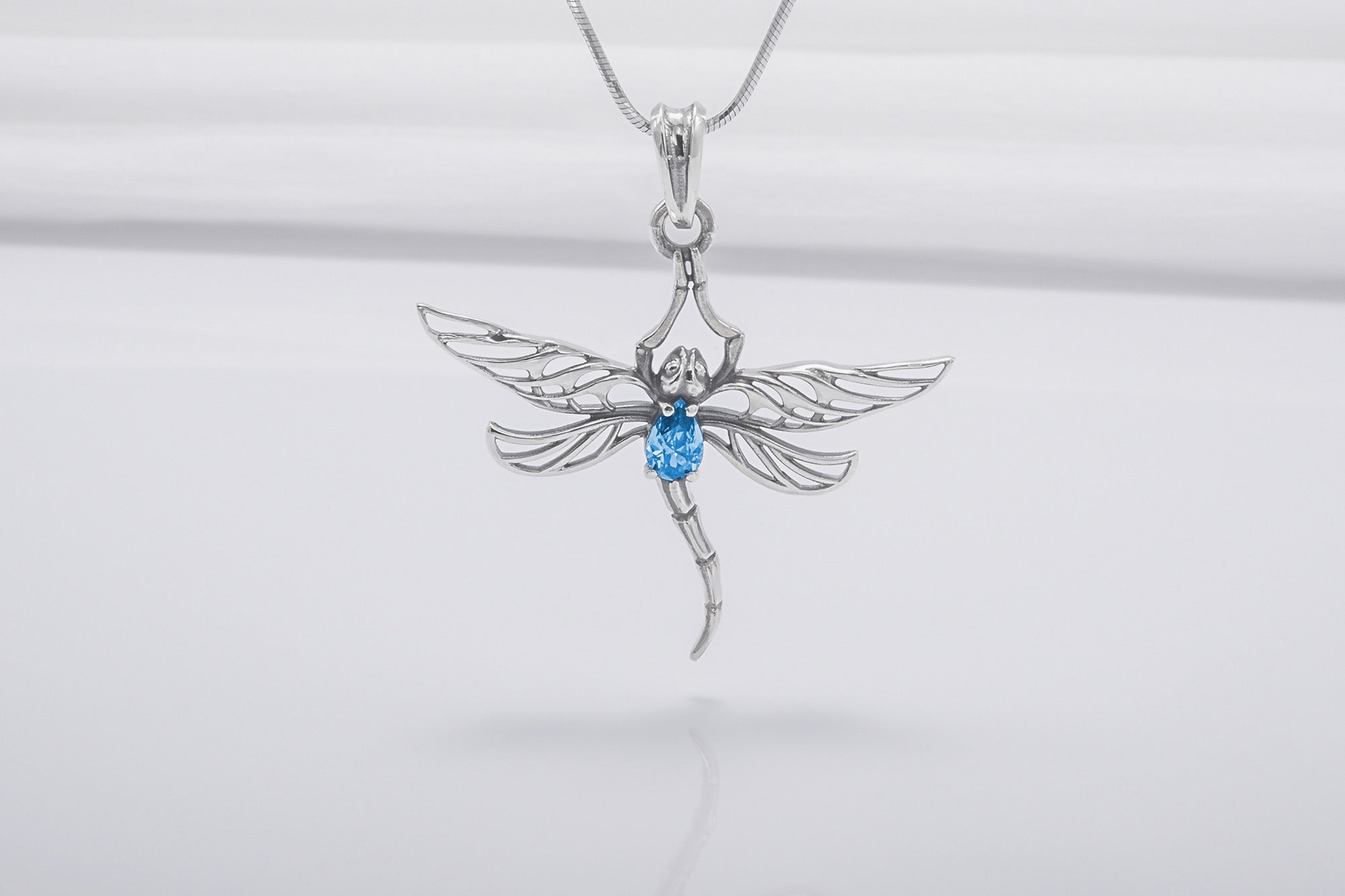 Minimalistic 925 Silver Dragonfly Pendant With Blue Gem, Handcrafted Jewelry - vikingworkshop