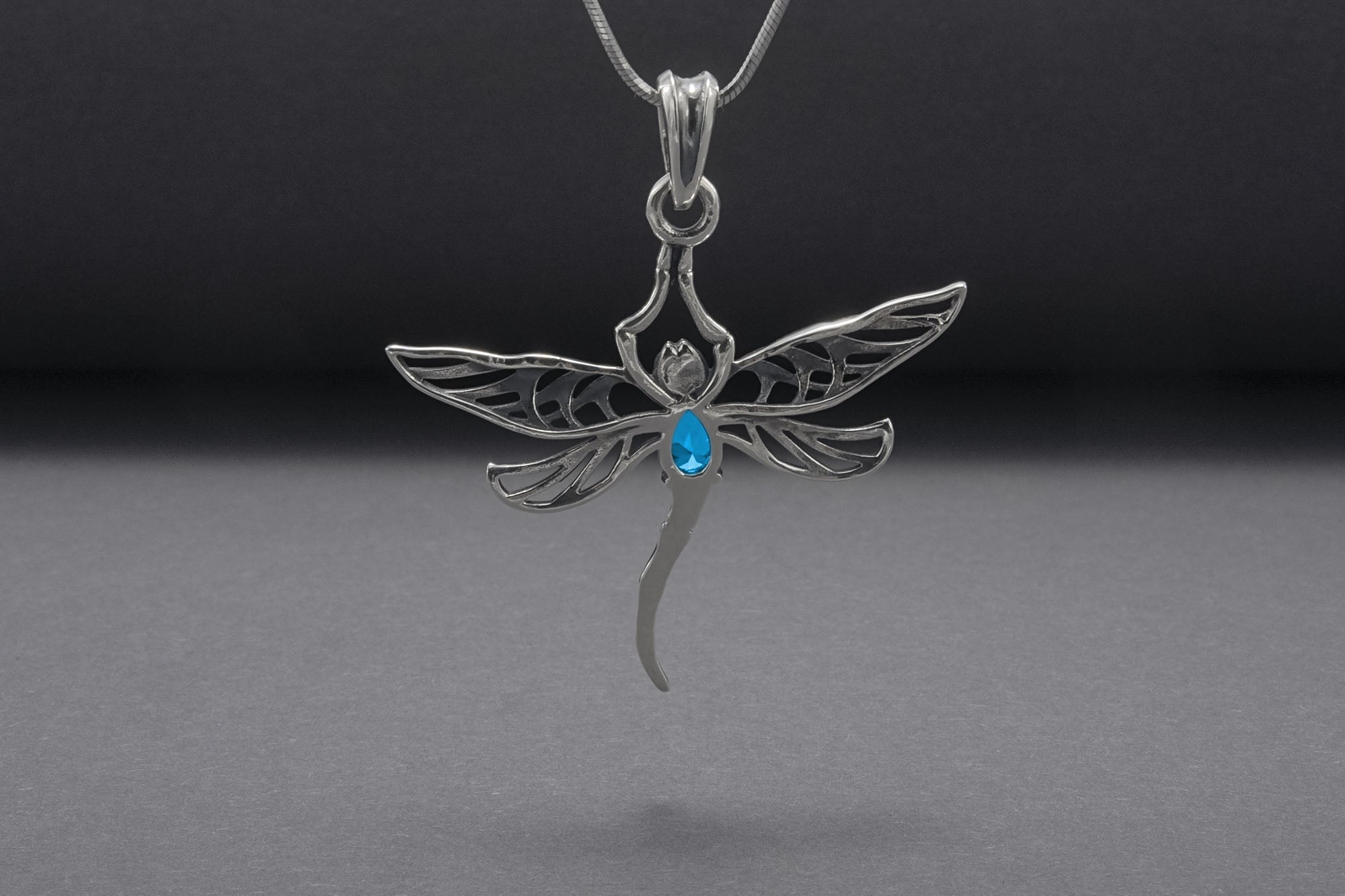 Minimalistic 925 Silver Dragonfly Pendant With Blue Gem, Handcrafted Jewelry - vikingworkshop