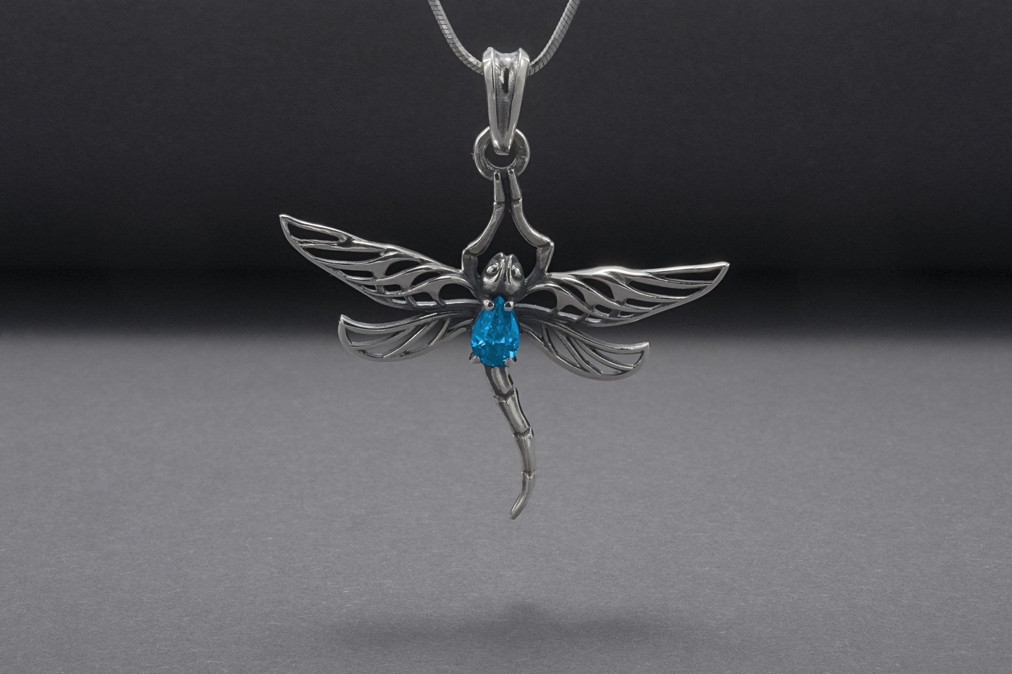 Minimalistic 925 Silver Dragonfly Pendant With Blue Gem, Handcrafted Jewelry - vikingworkshop