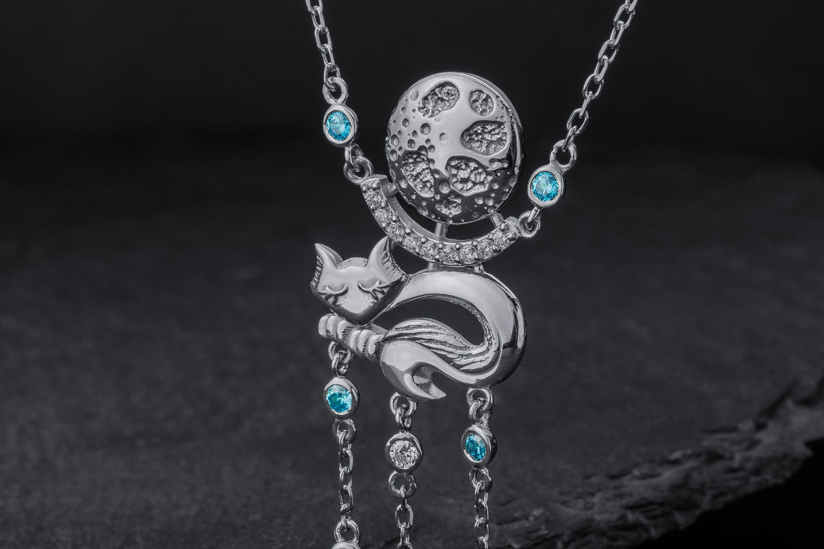 Cat Under Moon Pendant with Gems, 925 Silver