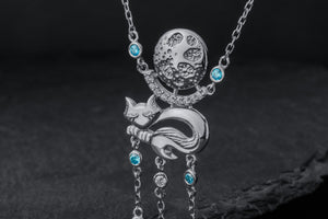 Cat Under Moon Pendant with Gems, 925 Silver - vikingworkshop