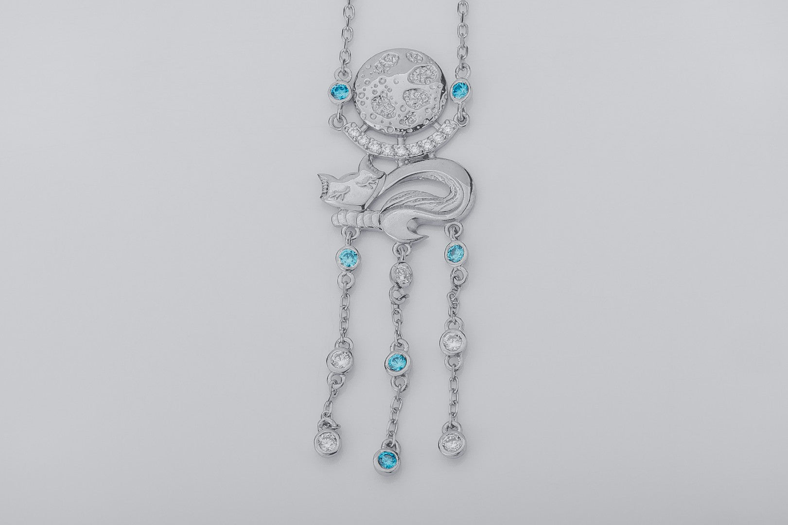 Cat Under Moon Pendant with Gems, 925 Silver - vikingworkshop