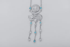 Cat Under Moon Pendant with Gems, 925 Silver - vikingworkshop