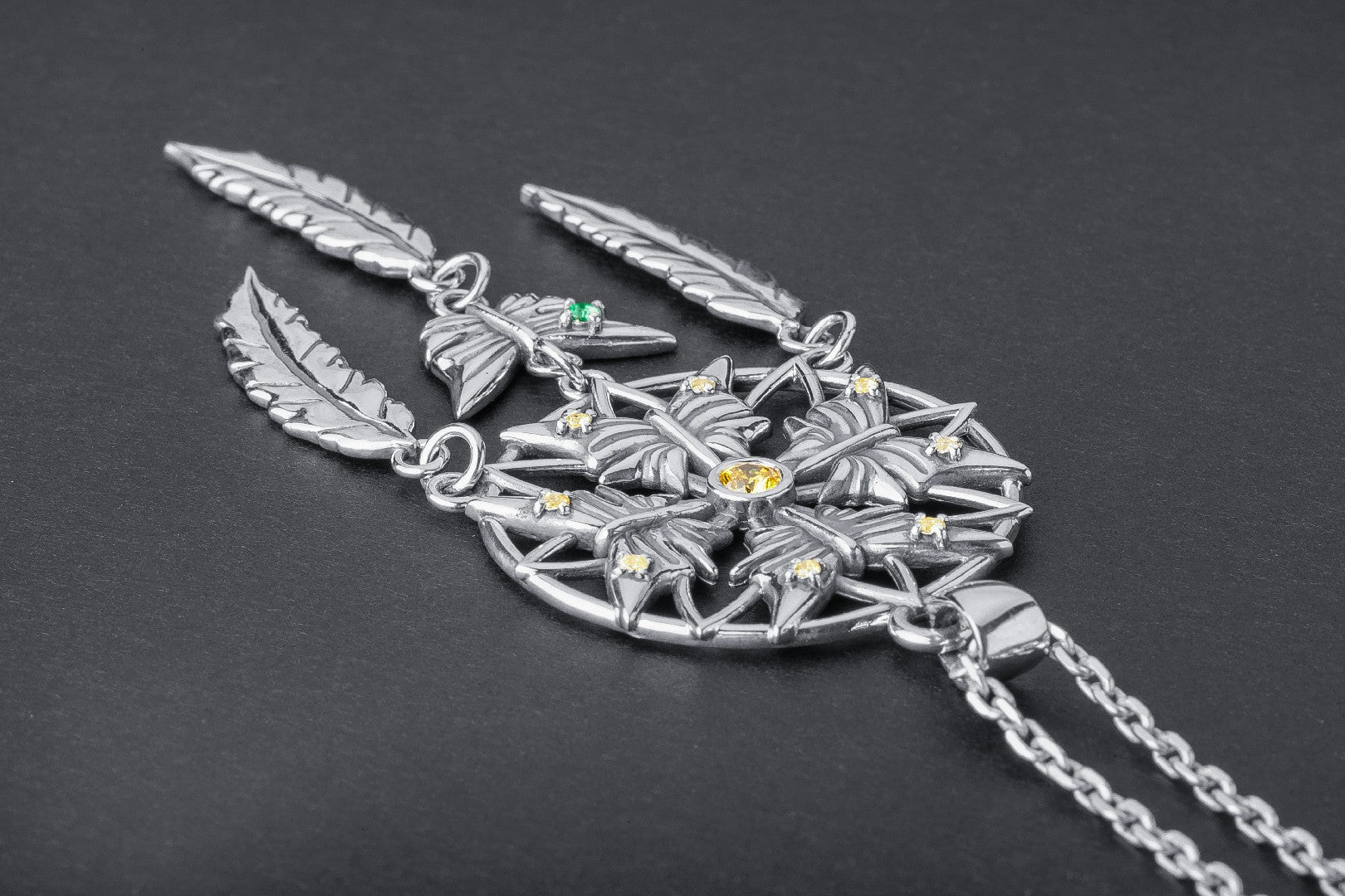 Dreamcatcher Pendant with Butterflies and Gem, 925 Silver - vikingworkshop