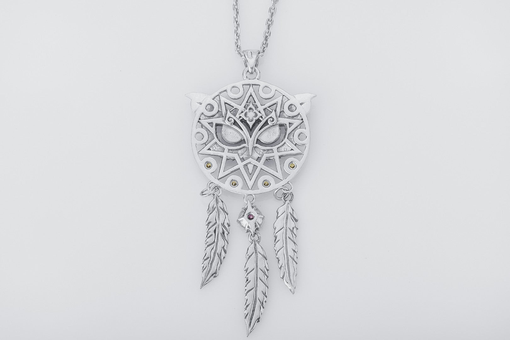 Dreamcatcher Pendant with Owl and Gems, 925 Silver