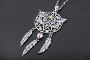 Dreamcatcher Pendant with Owl and Gems, 925 Silver - vikingworkshop