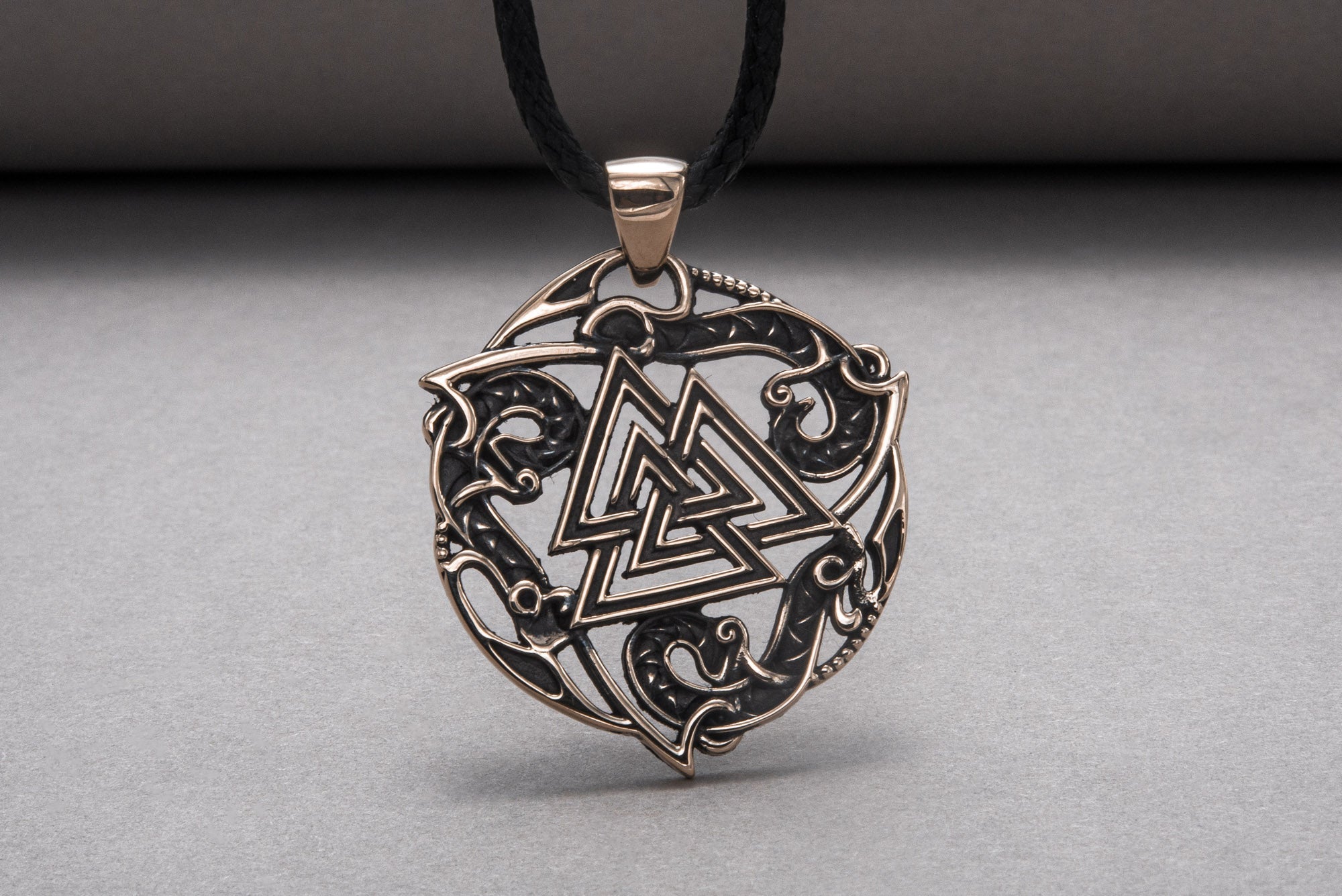 Valknut Symbol Pendant with Ornament Bronze Norse Jewelry - vikingworkshop