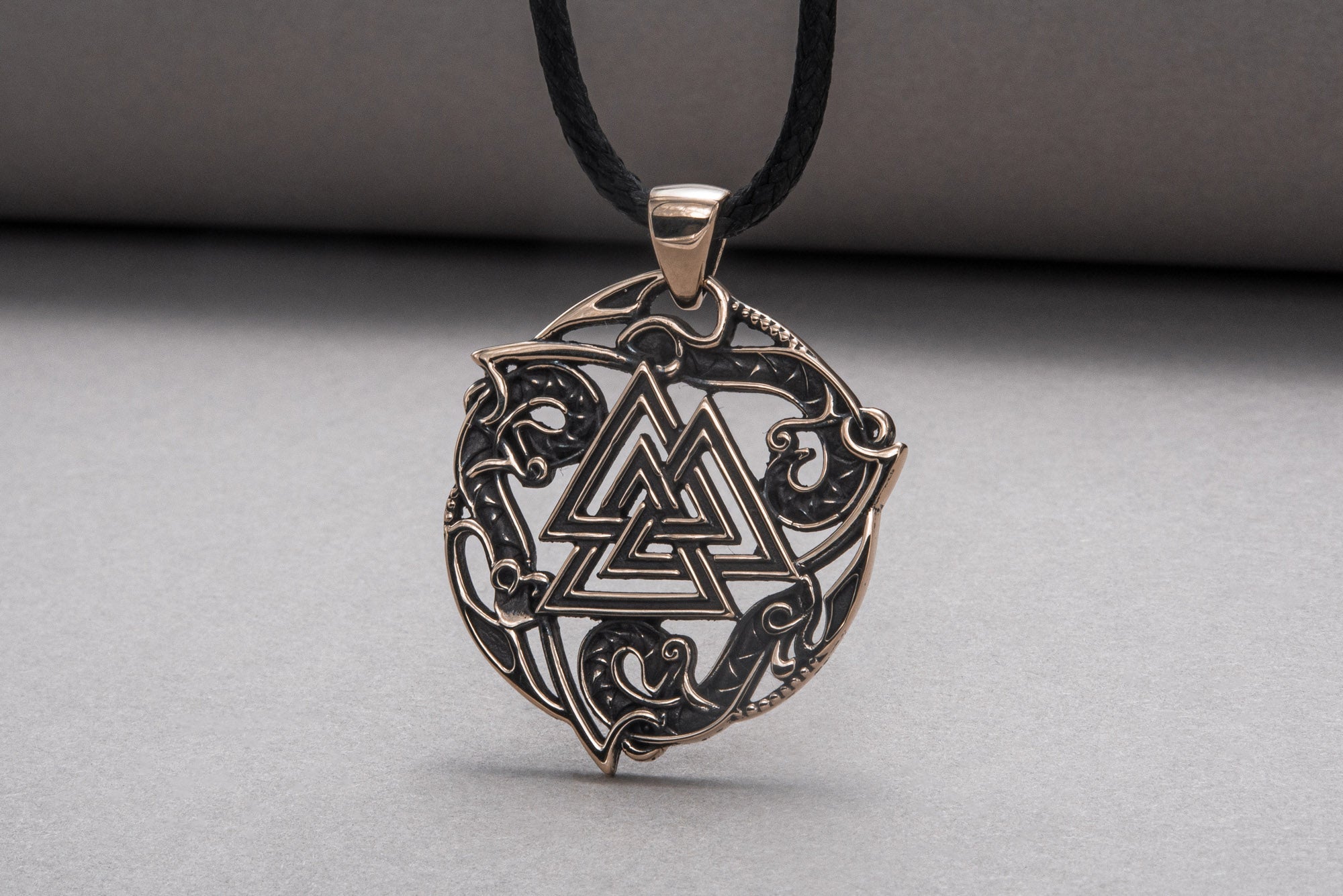 Valknut Symbol Pendant with Ornament Bronze Norse Jewelry - vikingworkshop