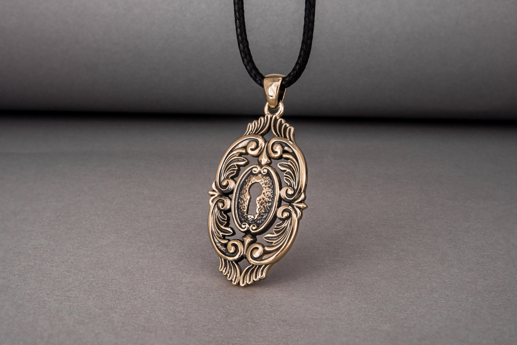 Keyhole Pendant with Ornament Bronze Unique Jewelry - vikingworkshop