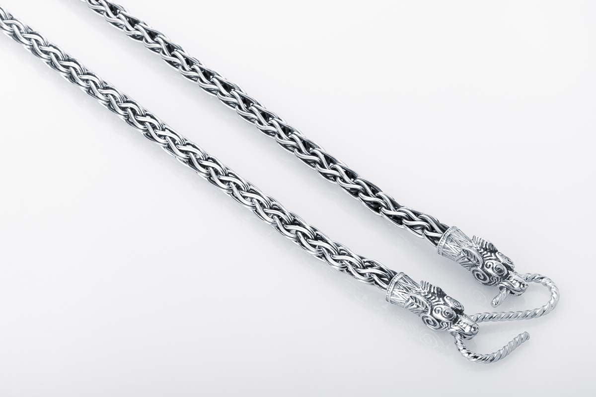 925 Silver Viking Chain with Wolf Tips, Handmade Norse Jewelry - vikingworkshop