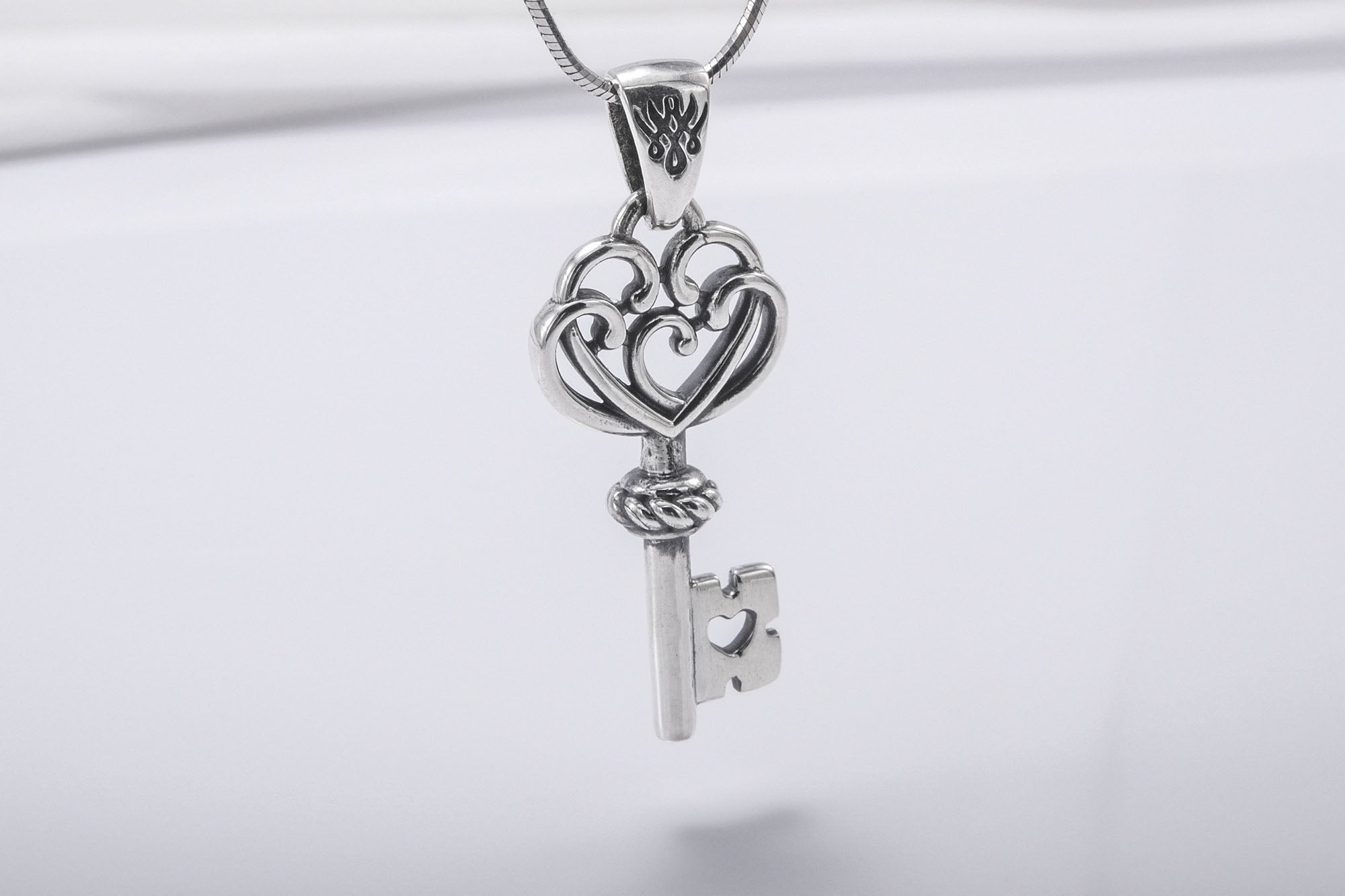 Unique 925 Silver Key Pendant With Heart, Handmade Jewelry - vikingworkshop