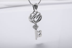 Unique 925 Silver Key Pendant With Heart, Handmade Jewelry - vikingworkshop