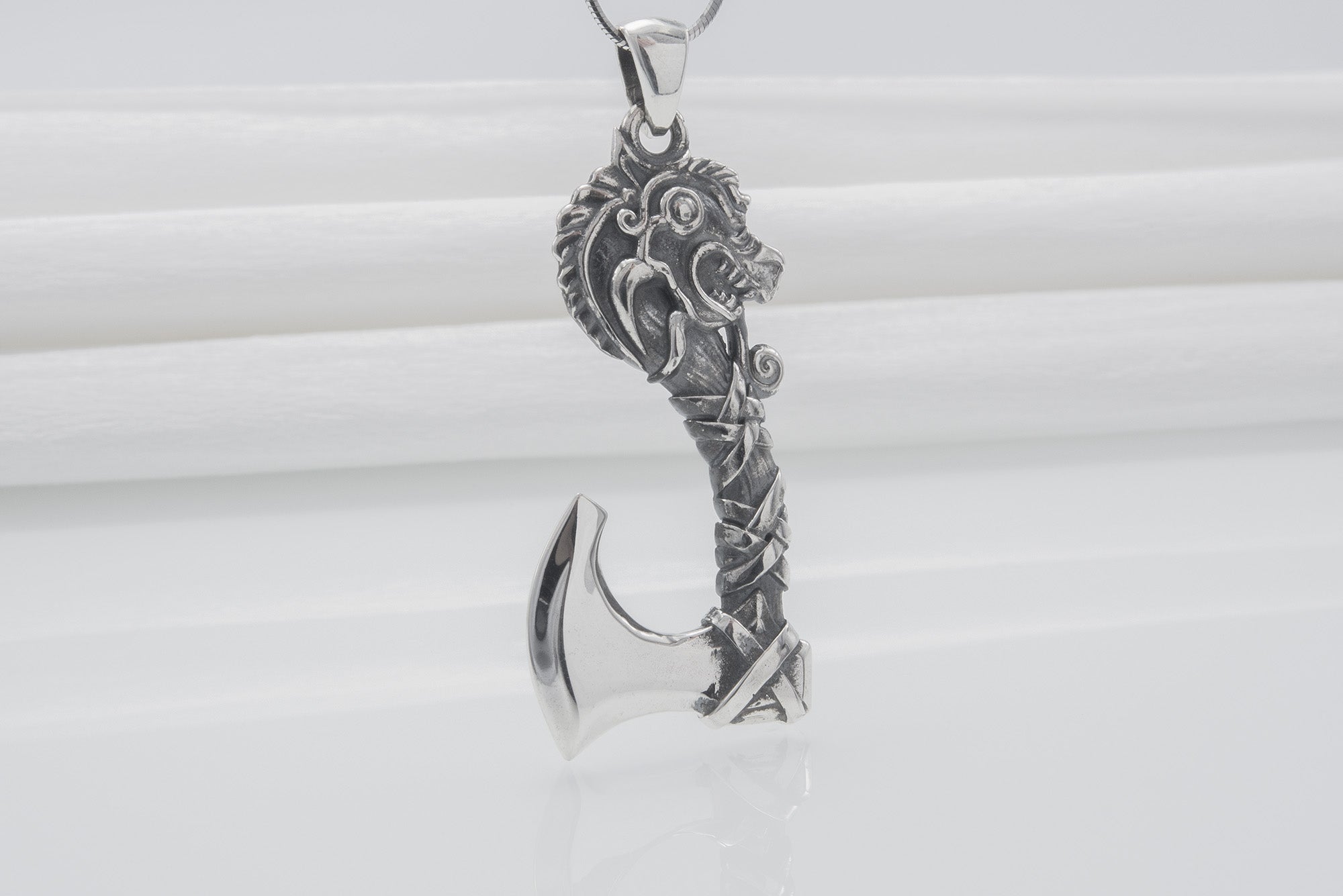 Sterling Silver Axe Necklace with Dragon, Handmade Viking Jewelry - vikingworkshop