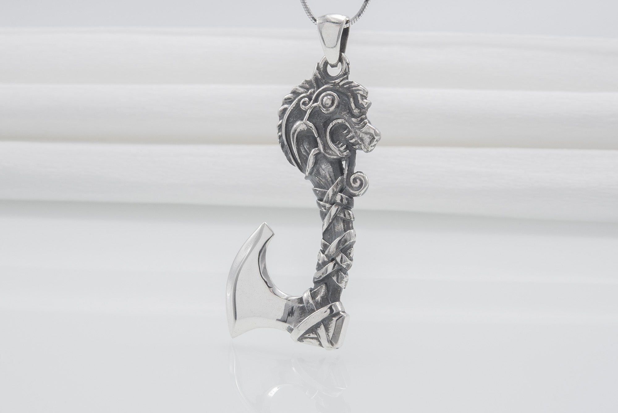 Sterling Silver Axe Necklace with Dragon, Handmade Viking Jewelry - vikingworkshop