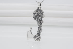 Sterling Silver Axe Necklace with Dragon, Handmade Viking Jewelry - vikingworkshop