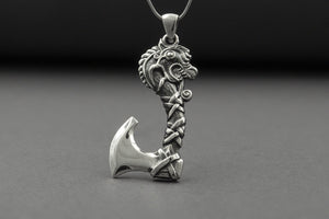 Sterling Silver Axe Necklace with Dragon, Handmade Viking Jewelry - vikingworkshop