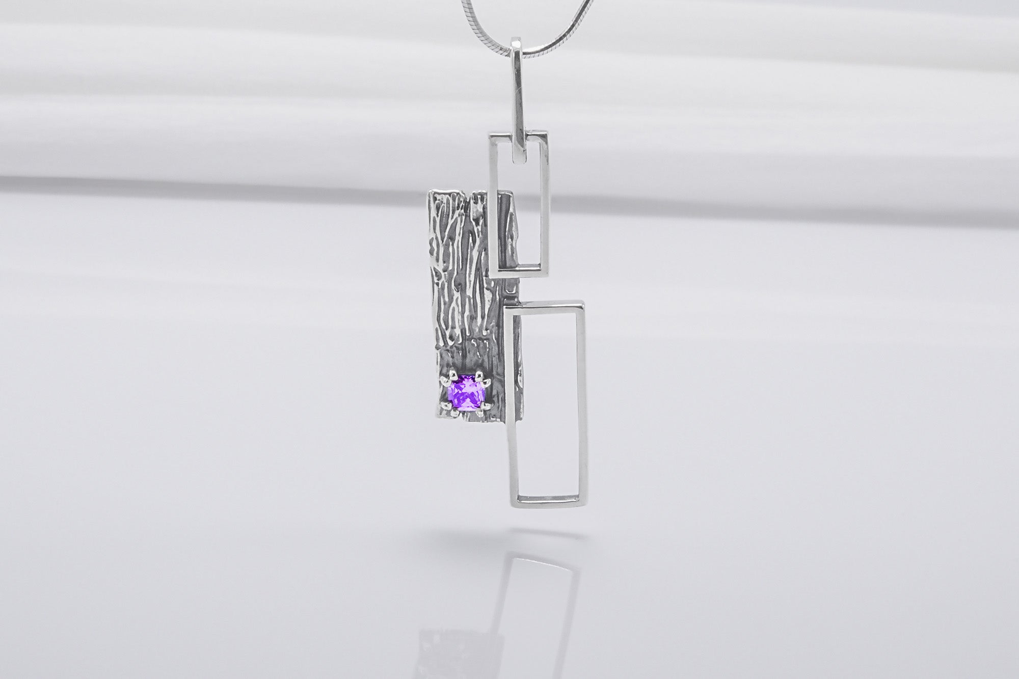 Geometric 925 Silver Pendant With Wood Texture And Purple Gems, Handmade Jewelry - vikingworkshop