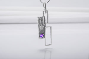 Geometric 925 Silver Pendant With Wood Texture And Purple Gems, Handmade Jewelry - vikingworkshop