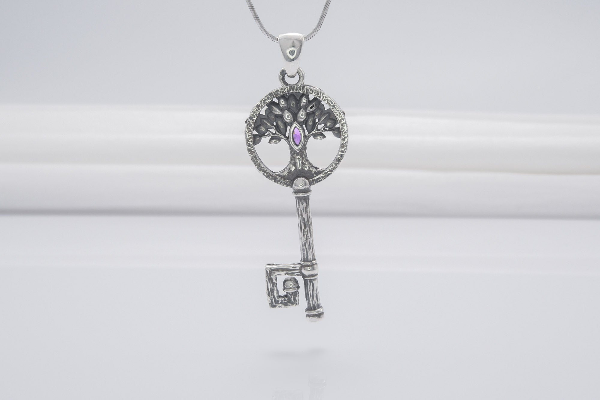 Sterling Silver Key Pendant With Yggdrasil Tree And Gem, Fashion Handmade Jewelry - vikingworkshop