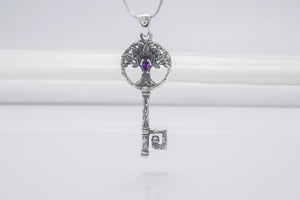 Sterling Silver Key Pendant With Yggdrasil Tree And Gem, Fashion Handmade Jewelry - vikingworkshop