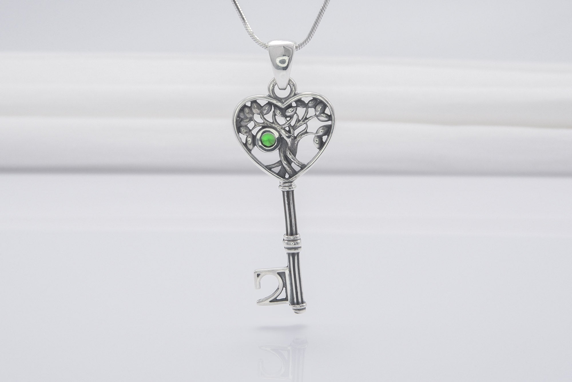 925 Silver Yggdrasil Tree Key Pendant With Green Gem, Unique Handmade Jewelry - vikingworkshop