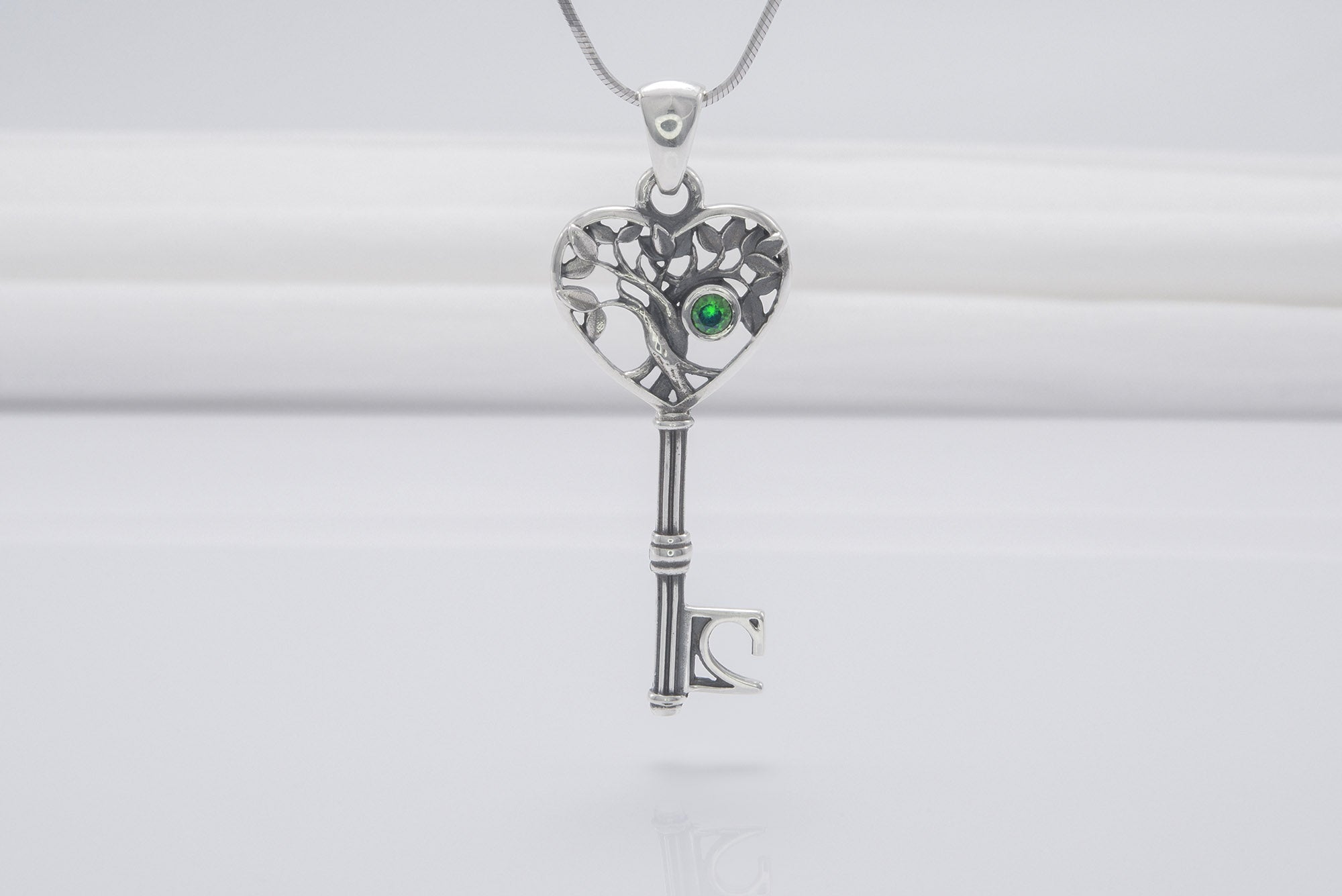 925 Silver Yggdrasil Tree Key Pendant With Green Gem, Unique Handmade Jewelry - vikingworkshop